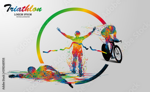 Visual drawing logo swimming, cycling and runner sport at fast of speed in triathlon game. Line colorful beautiful design style on white background for vector illustration, exercise sport concept