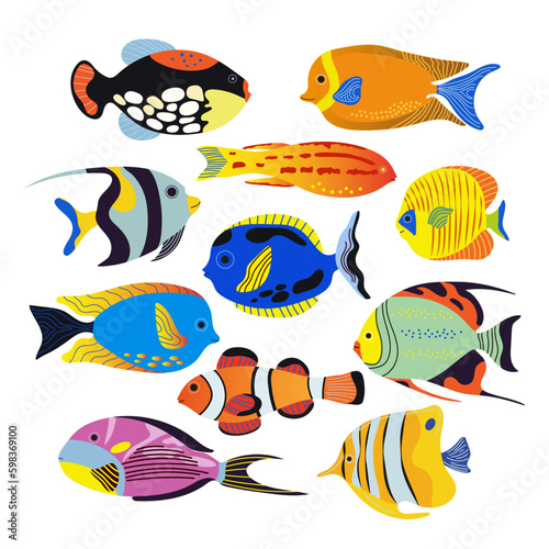 Collection of different sea fishes isolated on white background. Vector illustration