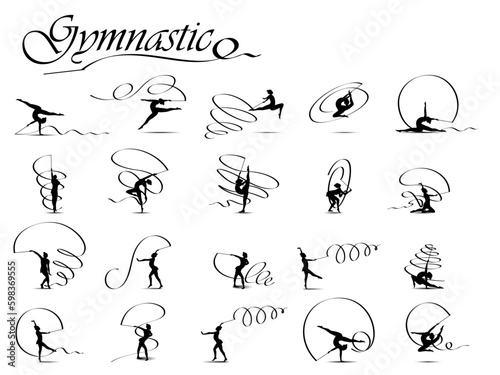 Visual drawing silhouettes of gymnastic game collection,healthy lifestyle and sport concepts,abstract black and white vector illustration