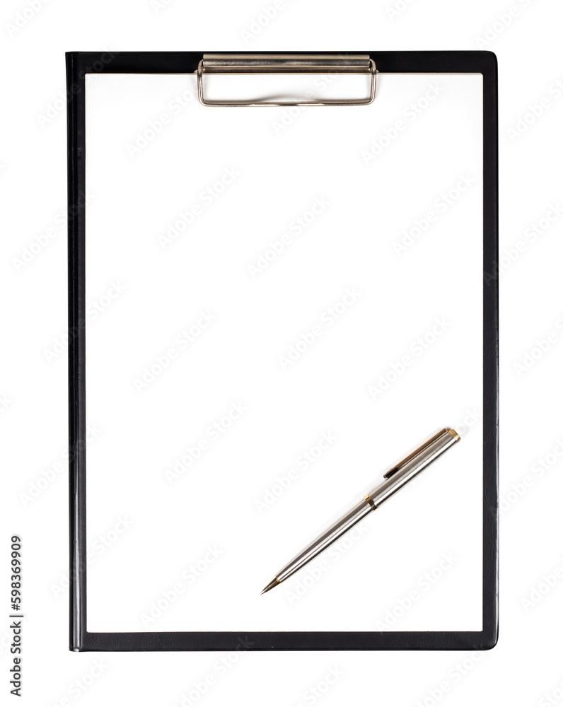 Black tablet with piece of empty paper and pen isolated on white background Black tablet with piece of empty paper and pen isolated on white background