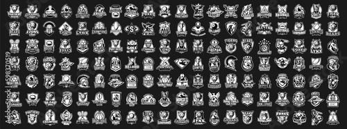 Monochrome set of mascots and sports logos. A huge collection of black and white emblems for sports clubs and teams. Mascots of animals, people on the background of the shield. Vector illustration