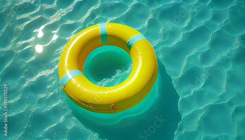 Close-up yellow swimming pool ring float in blue water Ai generated image