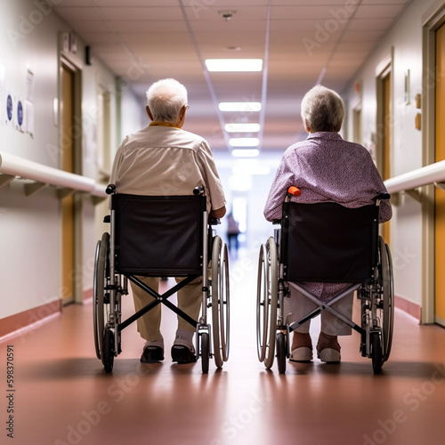 couple agée en fauteuil roulant - IA Generative photo