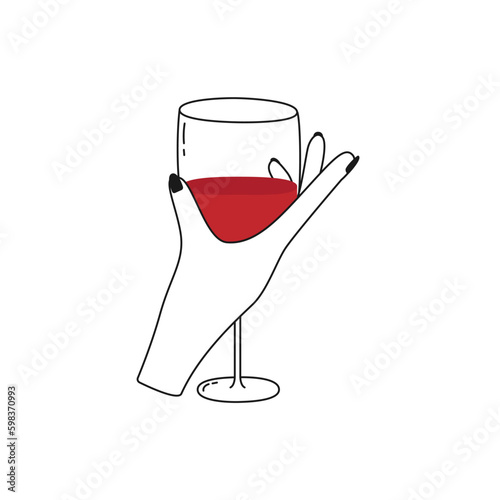 Female hand holds glass of wine. Cocktail, fresh beverage, juice. Hand drawn line art style