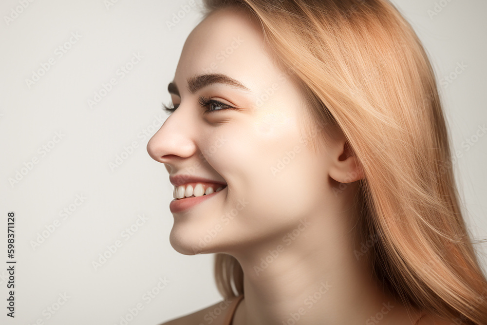 Beautiful young long haired woman profile, copyspace. Generative AI Beautiful young long haired woman profile, copyspace. Generative AI