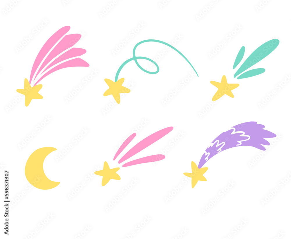 Set with shooting stars and moon isolated on white background. Vector children's naive hand-drawn illustration Generative AI