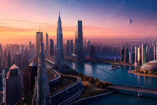 A futuristic city on the surface of a distant planet, with domed buildings and a glowing skyline 