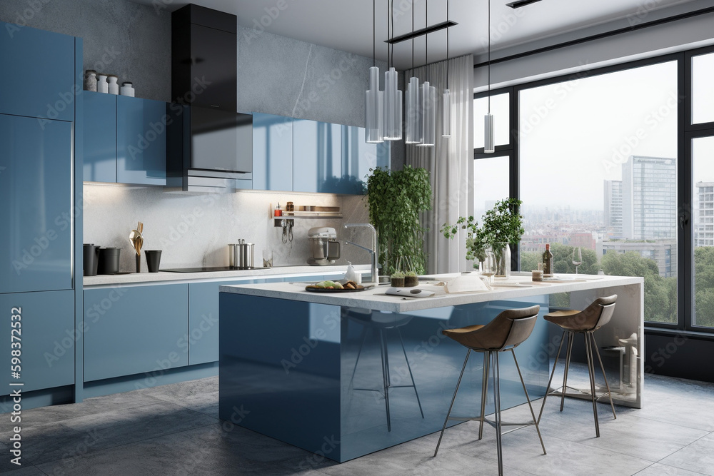 Modern kitchen, clean minimalistic interior design, light blue and white colors. Super photo realistic background, generative ai illustration. Modern kitchen, clean minimalistic interior design, light blue and white colors. Super photo realistic background, generative ai illustration.