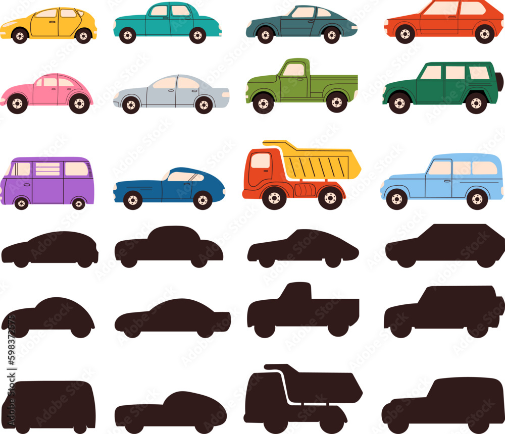 cars silhouette collection in doodle style isolated vector