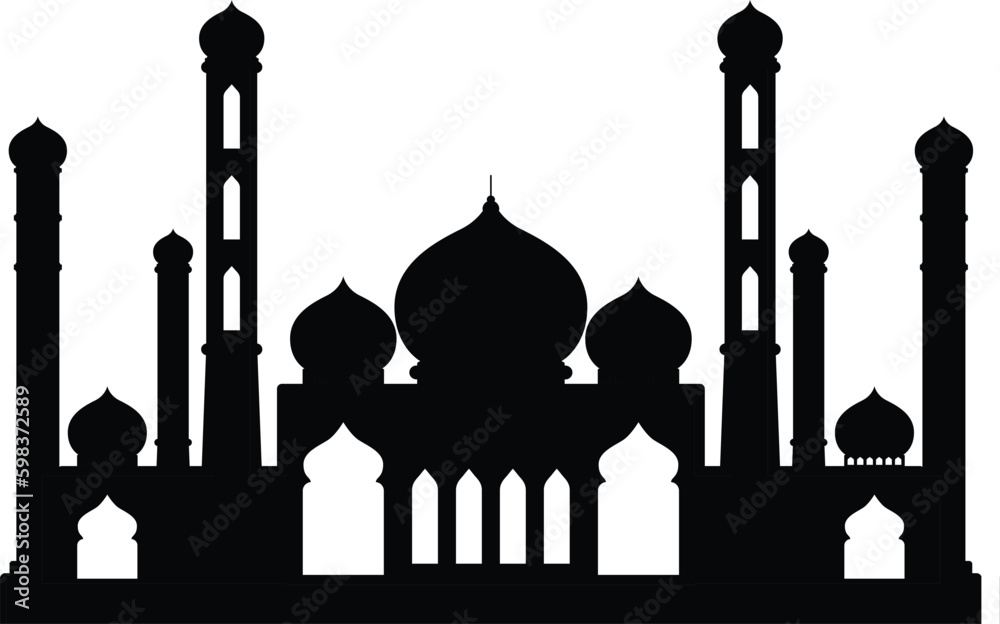Silhouette of mosque. Black and white masjid icon. Vector logo design