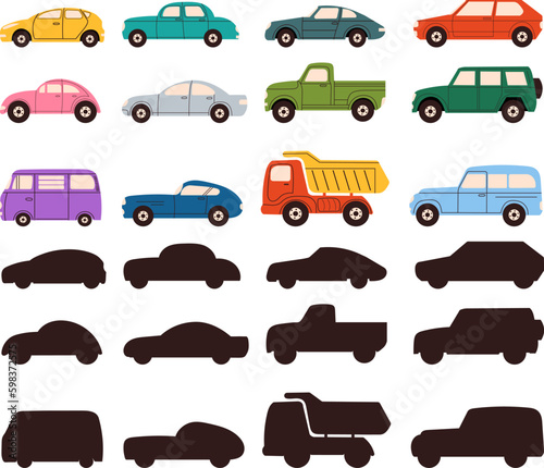 cars silhouette collection in doodle style isolated vector