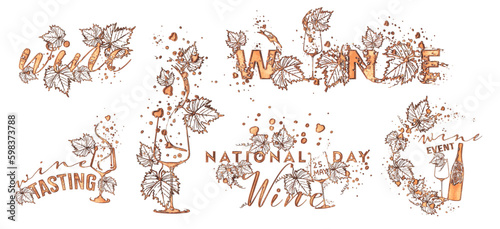 National wine day. Hand drawn elements for invitation cards, advertising banners, menus in gold style. Wine glasses with splashing wine. Sketch vector illustration
