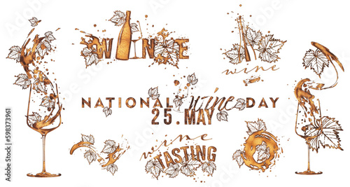 National wine day. Hand drawn elements for invitation cards, advertising banners, menus in gold style. Wine glasses with splashing wine. Sketch vector illustration