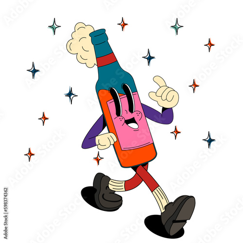 Psychedelic, groovy retro cartoon beer character. Modern sticker with beer. Funny faces with vibrant colors. Flowing texture. Crazy vector illustration.

