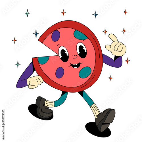 Psychedelic, groovy retro cartoon pizza character. Modern sticker with pizza. Funny faces with vibrant colors. Flowing texture. Crazy vector illustration.
