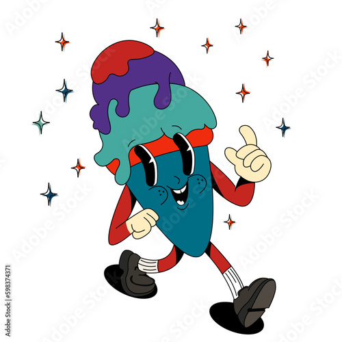Psychedelic, groovy retro cartoon ice- cream character. Modern sticker with ice- cream. Funny faces with vibrant colors. Flowing texture. Crazy vector illustration.
