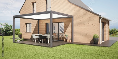 Pergola bioclimatique autoportée, à lames orientables, sur terrasse en carrelage, maison en bois avec vue sur jardin verdoyant, rendu 3d