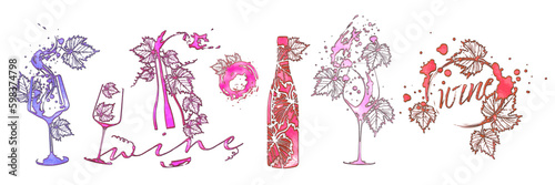 Wine Designs - Collection of wine glasses and bottles. Hand drawn elements for invitation cards, advertising banners, menus. Wine glasses with splashing wine. Sketch vector illustration