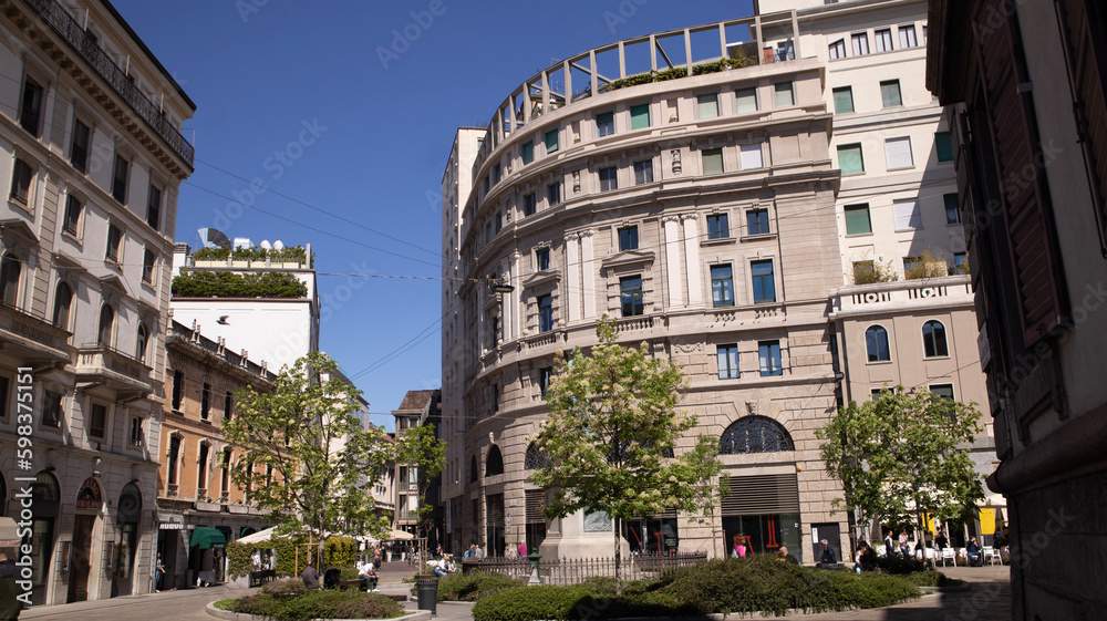 Historical center of Milan, north Italy, Piazza Cesare Beccaria (square Caesar Beccaria), where the local police command is located. Square near the Duomo (cathedral) of Milan