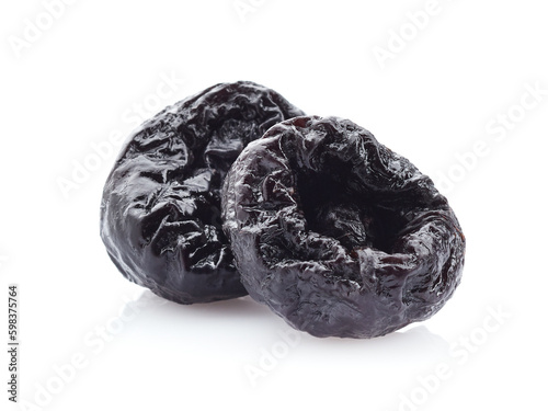 Dehydrated prunes in closeup on white background