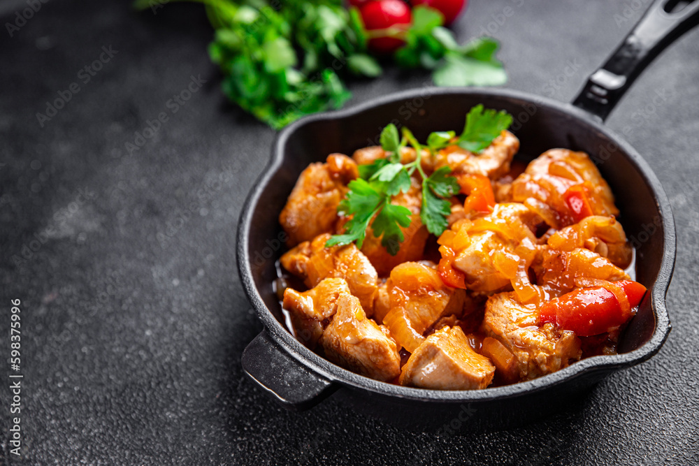 chicken meat tomato sauce spicy Chashushuli meal food snack on the table copy space food background rustic top view chicken meat tomato sauce spicy Chashushuli meal food snack on the table copy space food background rustic top view