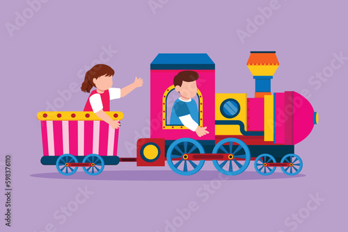 Cartoon flat style drawing cheerful little boy and girl riding on train at amusement park. Happy kids riding toy train or having fairground ride. Children journey. Graphic design vector illustration