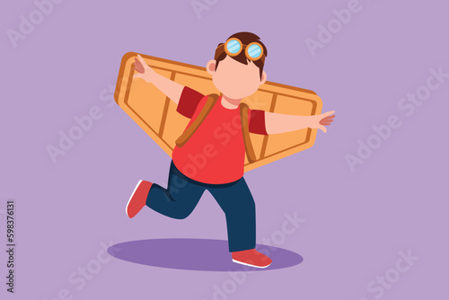 Cartoon flat style drawing adorable little boy play toy plane cardboard. Cheerful children playing toy plane cardboard. Creative game for kids in astronaut costume. Graphic design vector illustration