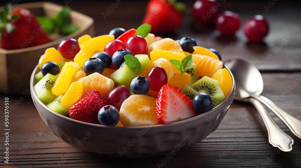 A bowl of fresh and colorful heart-shaped fruit salad , Generative AI