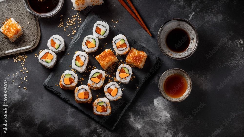 Sushi rolls with rice and fish, soy sauce on a dark stone, top view , generative ai Sushi rolls with rice and fish, soy sauce on a dark stone, top view , generative ai