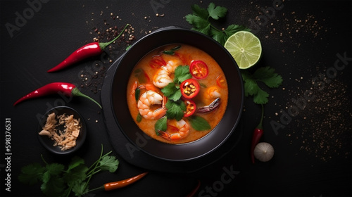 Tom Yam Kung Spicy Thai soup with shrimp in a black bowl against a dark stone, view from above , generative ai