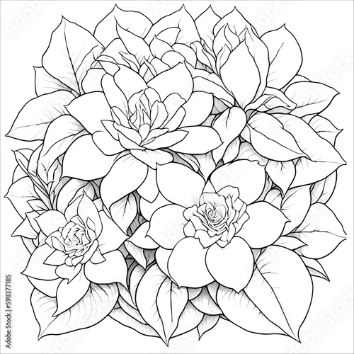 Bouquet of flowers, coloring page for children and adults. Love bohemia concept for wedding invitation, card, ticket, branding, boutique logo, label, emblem.