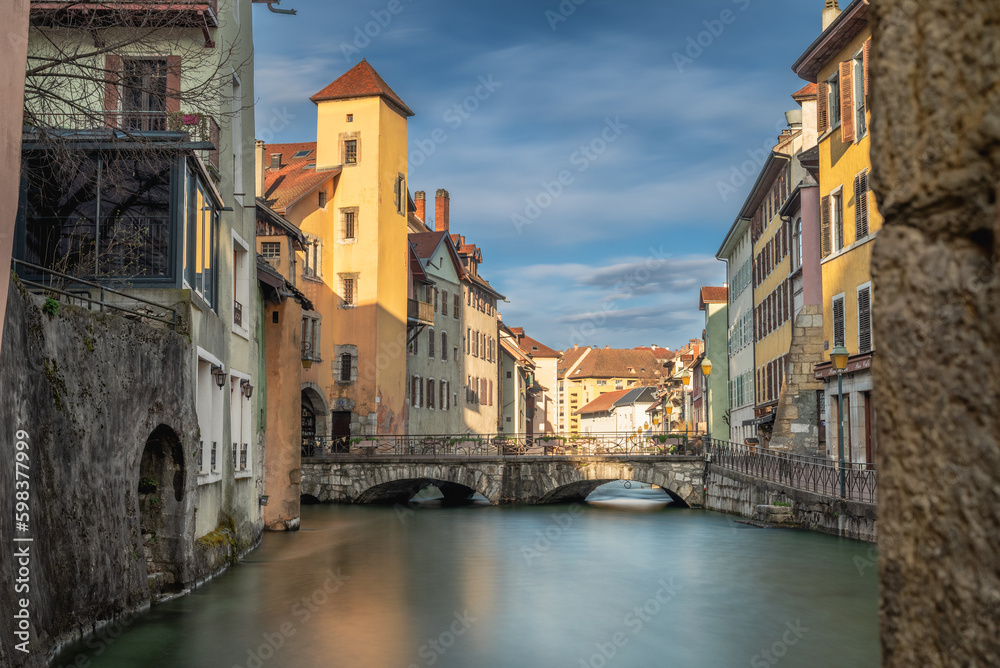 Old town of Annecy (France) on the Thiou flowing from lake Annecy. Sometimes called the Venice of the alps.
