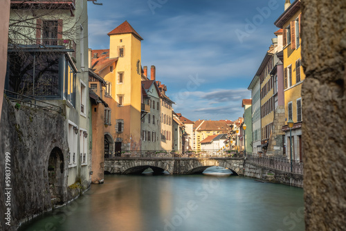 Old town of Annecy (France) on the Thiou flowing from lake Annecy. Sometimes called the Venice of the alps.