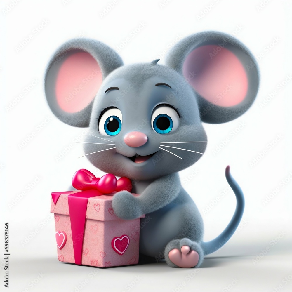 Super Cute Cartoon Baby Mouse with Gift Box. Generative AI Super Cute Cartoon Baby Mouse with Gift Box. Generative AI