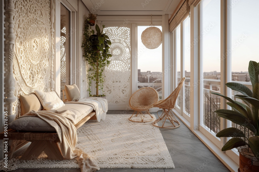 Cute modern balcony, boho design interior style. Beige light colors ...