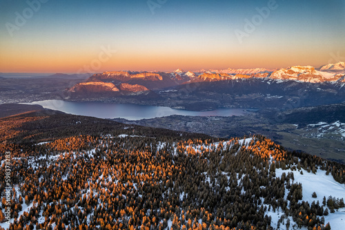 View of lake Annecy (France) and the alps from the Semnoz, a family ski resort, south of Annecy. Mont-Blanc (4808 m) can be seen.