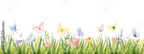 Watercolor border with butterflys, green grass and wildflowers. Greenery flower for wedding invitation, digital projects, Easter, Mother day card decoration, textiles, stationery design.