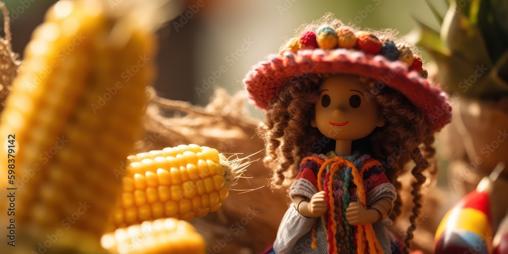 Festa junina celebration with wooden handmade doll. sao joao brazilian party. decorated with corn and garland. generative ai illustration.