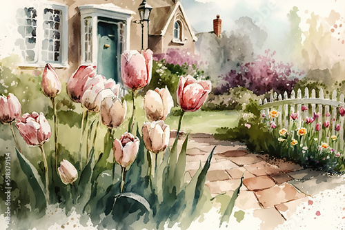 tulips in a garden in aquarelle style, ai generated