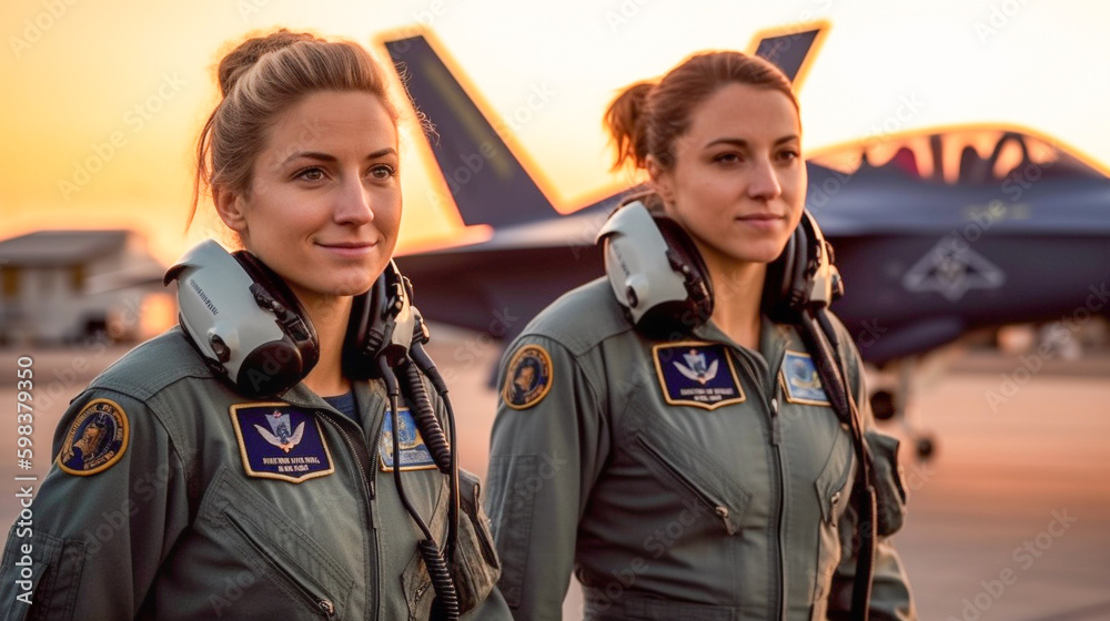 Two Proud Young Adult Female Air Force Fighter Pilots In Front of Their ...