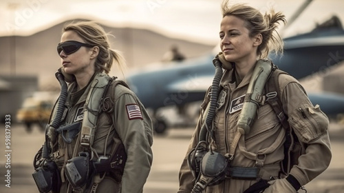 Two Proud Young Adult Female Air Force Fighter Pilots In Front of Their F-16 Combat Aircraft on the Tarmac - Generative AI.