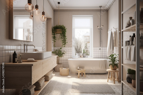 Cute modern bathroom, boho design interior style. Beige light colors. Super photo realistic background, generative ai