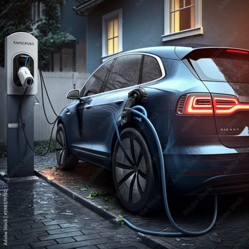 Electric car charging. Generative AI.