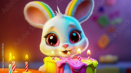 Super cute little baby white rabbit with celebration cake. Generative AI