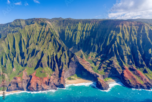 Remote Napali coast from helicopter on the north shore of the island of Kauai (USA)  photo