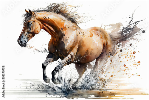 Photographie running horse in aquarelle style, ai generated
