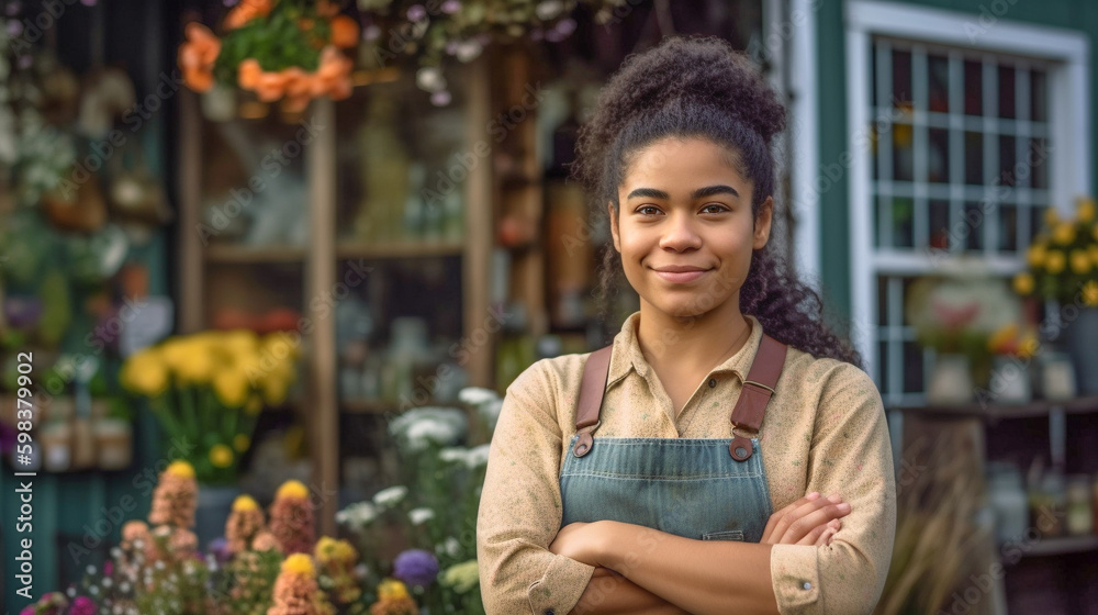 Proud Young Adult Multi-ethnic Female at the Entrance of Her Quaint Flower Shop in Europe - Generative AI.