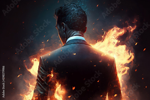backside of businessman on fire, ai generated