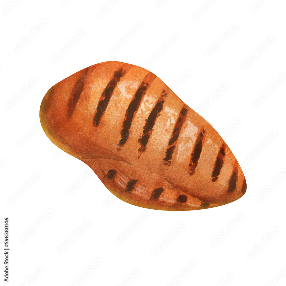 Watercolor grilled bbq meat chicken breast. Hand-drawn illustration isolated on white background. Perfect for menu cafe, restaurant, recipe book, cooking, barbecue Watercolor grilled bbq meat chicken breast. Hand-drawn illustration isolated on white background. Perfect for menu cafe, restaurant, recipe book, cooking, barbecue