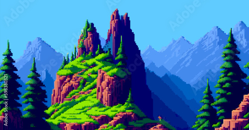 Landscape 8bit pixel art. Summer natural landscape mountain scenery arcade video game background